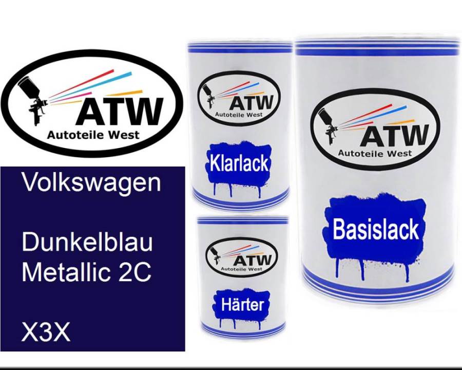 Volkswagen, Dunkelblau Metallic 2C, X3X: 500ml Lackdose + 500ml Klarlack + 250ml Härter - Set, von ATW Autoteile West.